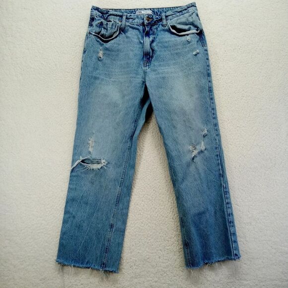 Zara Straight Baggy Jeans Womens 10 (W32) Raw Hem Distressed‎ Cotton Denim Heavy - Picture 1 of 12